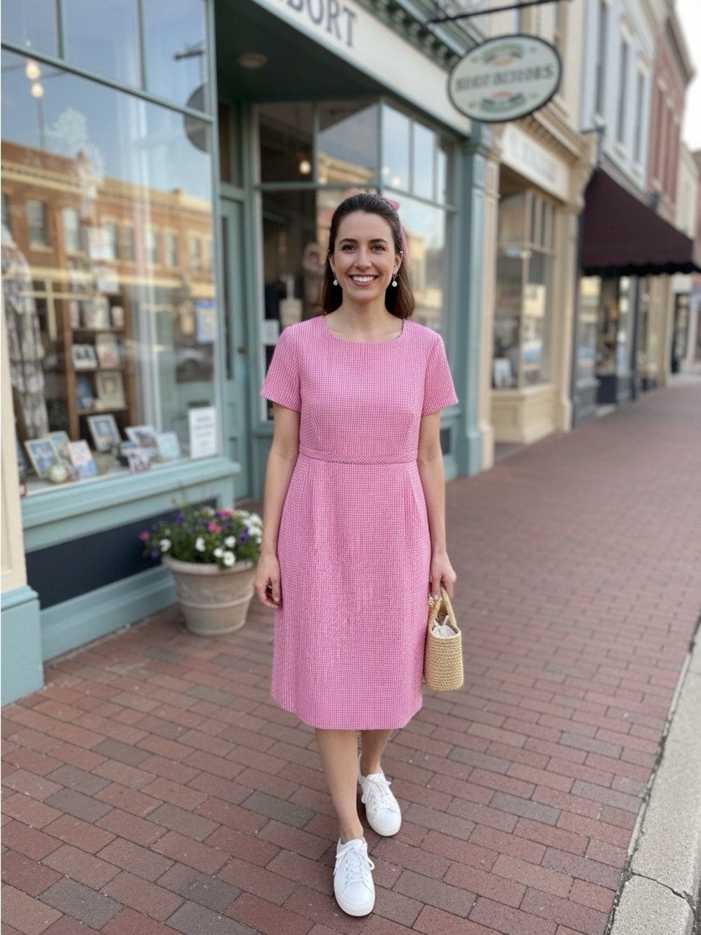 Talbots Pink gingham Whiite Textured Short-Sleeve Midi Dress-8-vintage MCM-New
